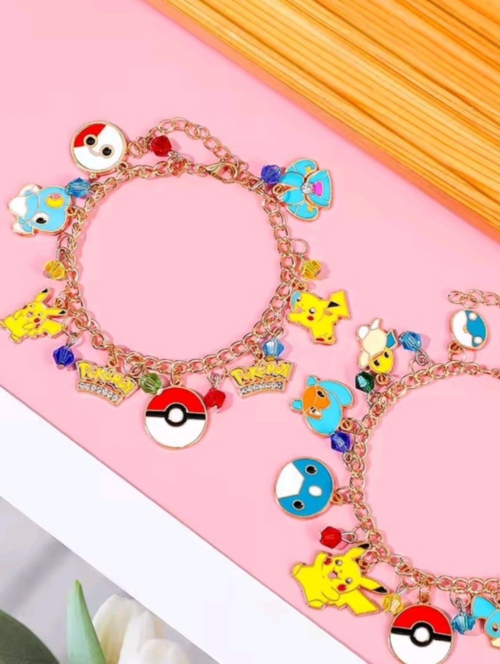 Pokemon Gold Charm Bracelet Pikachu Vaporeon & Poke Ball Link Chain